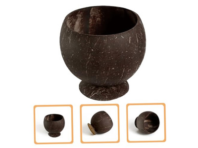 Set aus einer Kokosnussschale, die wie mit Ständer vietnamesische Schalen Logo-Abdeckung aussieht